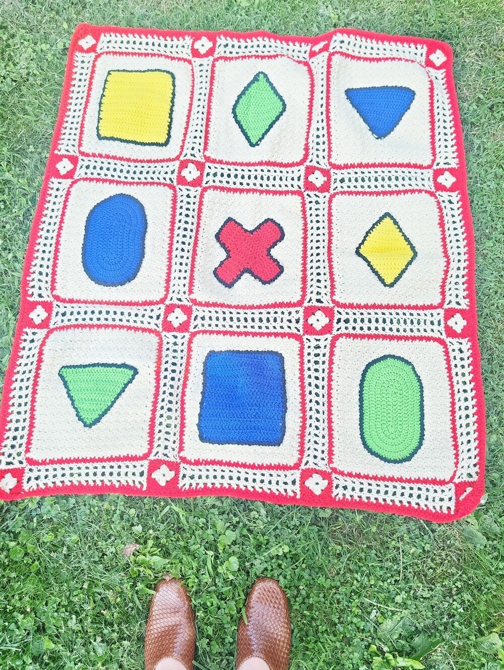 Vintage Kids Handmade Knit Geometric Throe Blanket